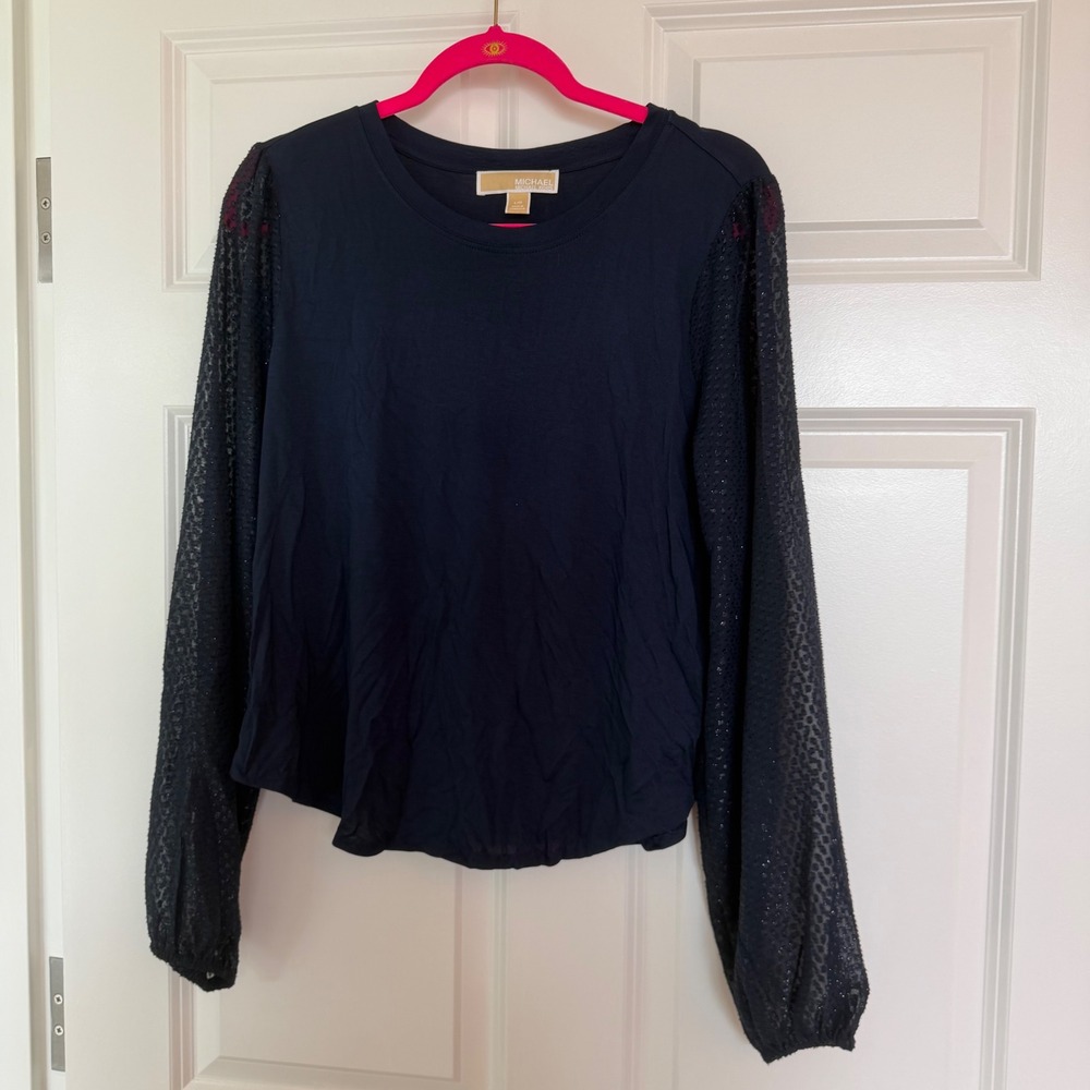 Michael Kors Top Women L Navy Blue Mesh Leopard Sleeve Metallic Knit Crew Neck